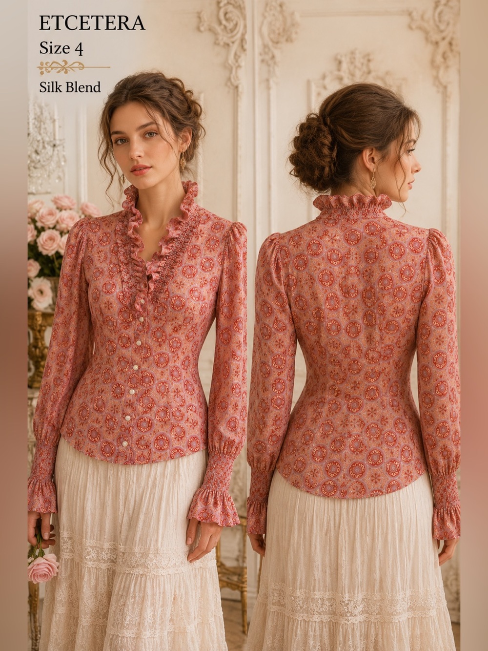 ETCETERA Silk Ruffle Blouse Womens 4  Romantic Victorian Renaissance Cottagecore
